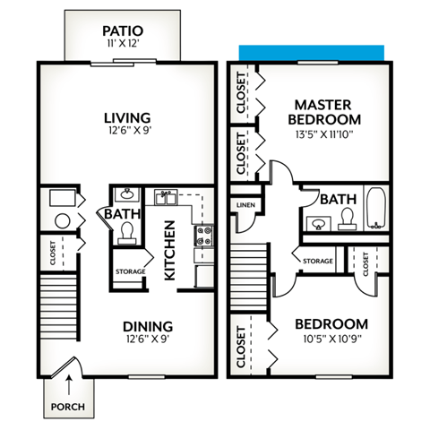 Floor plan for 2 beds, 1.5 baths, 1004 sqft